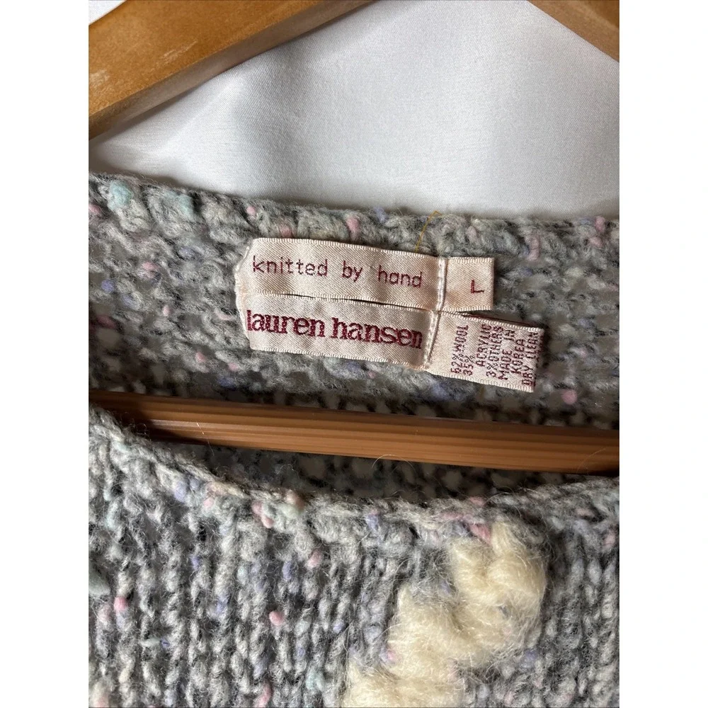 Vtg Lauren Hansen‎ Women L Chunky Hand Knit Wool Sweater Gray 3/4 Sleeve - Picture 3 of 9